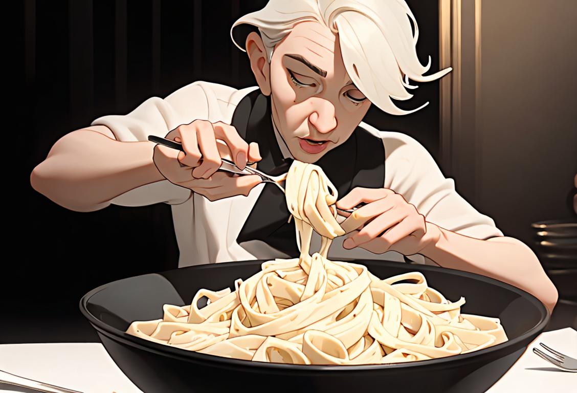 A person twirling their fork around a bowl of creamy fettuccine alfredo, enjoying every bite and feeling pure bliss. .