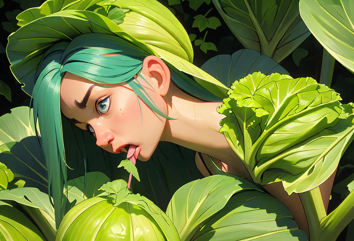 Young woman delicately licking a cabbage leaf, wearing a garden hat, surrounded by lush green vegetables..