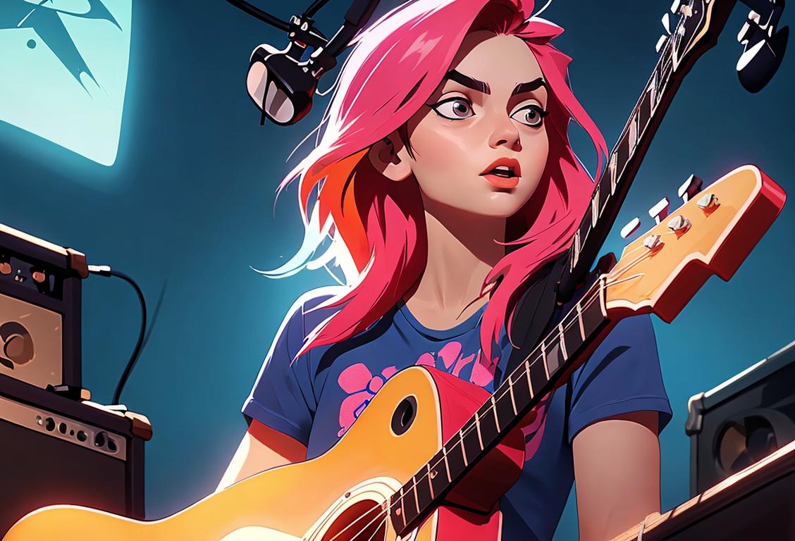 Young woman with vibrant-colored hair, strumming a guitar, wearing a band t-shirt and skinny jeans, music studio setting..