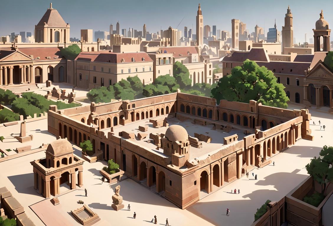 A group of people in historical costumes, gathered around and building a foundation stone, with a backdrop of an ancient city skyline..