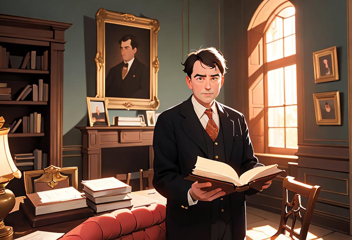 A passionate author, holding an open book, delivering a heartfelt acceptance speech while surrounded by a majestic library with antique furniture and warm lighting..