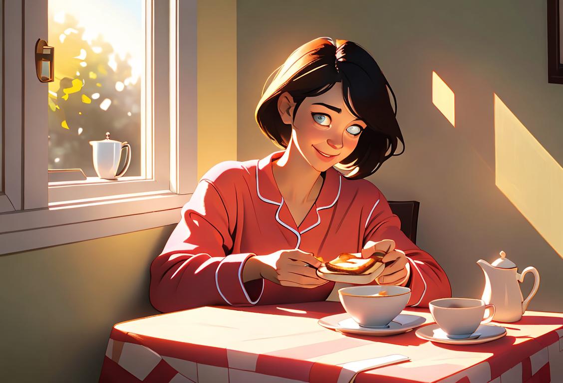 A person holding a piece of toast, wearing cozy pajamas, surrounded by a cozy breakfast nook, with a cheerful morning sunlight filtering through the window..