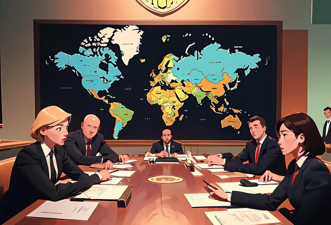 Young professionals in business attire, discussing national security with laptops and a world map in the background..