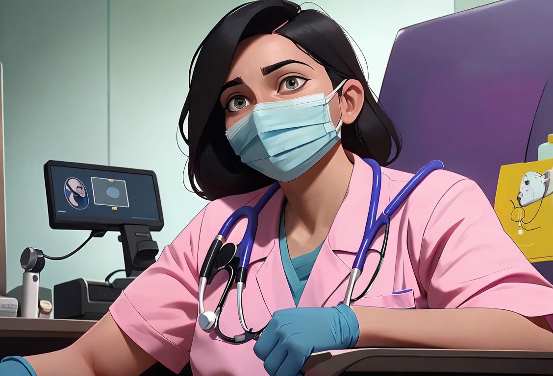 A healthcare worker in scrubs with a stethoscope, wearing a colorful mask, surrounded by medical equipment and a hospital setting..