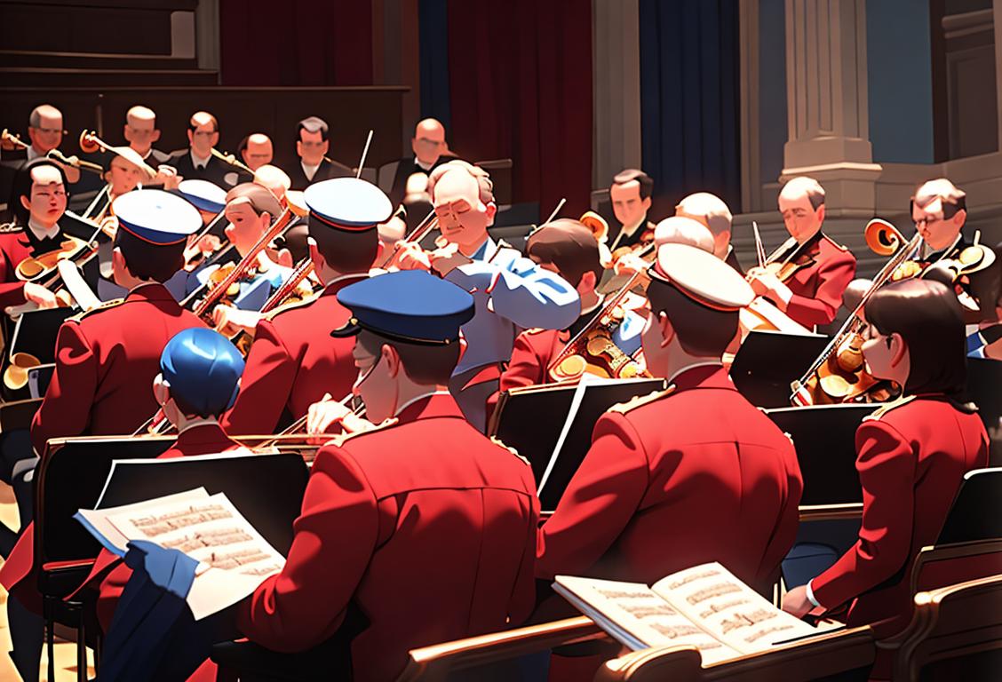 A diverse group of musicians passionately playing their instruments on a stage, wearing patriotic clothing, surrounded by an audience dressed in red, white, and blue..