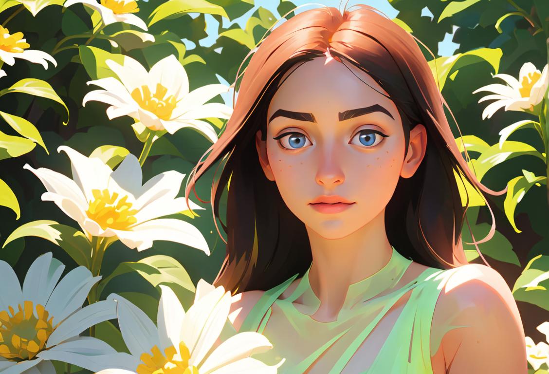 Young woman with fresh-faced glow, embracing her natural beauty, surrounded by blooming flowers and a sunny garden scene..