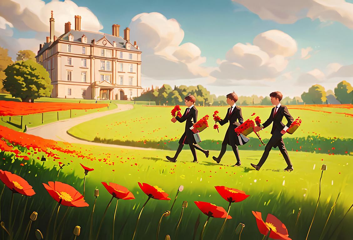 Young adults wearing formal attire, carrying poppies, marching to the rhythm of bagpipes, with a backdrop of historic architecture and a field of dandelions in the wind..