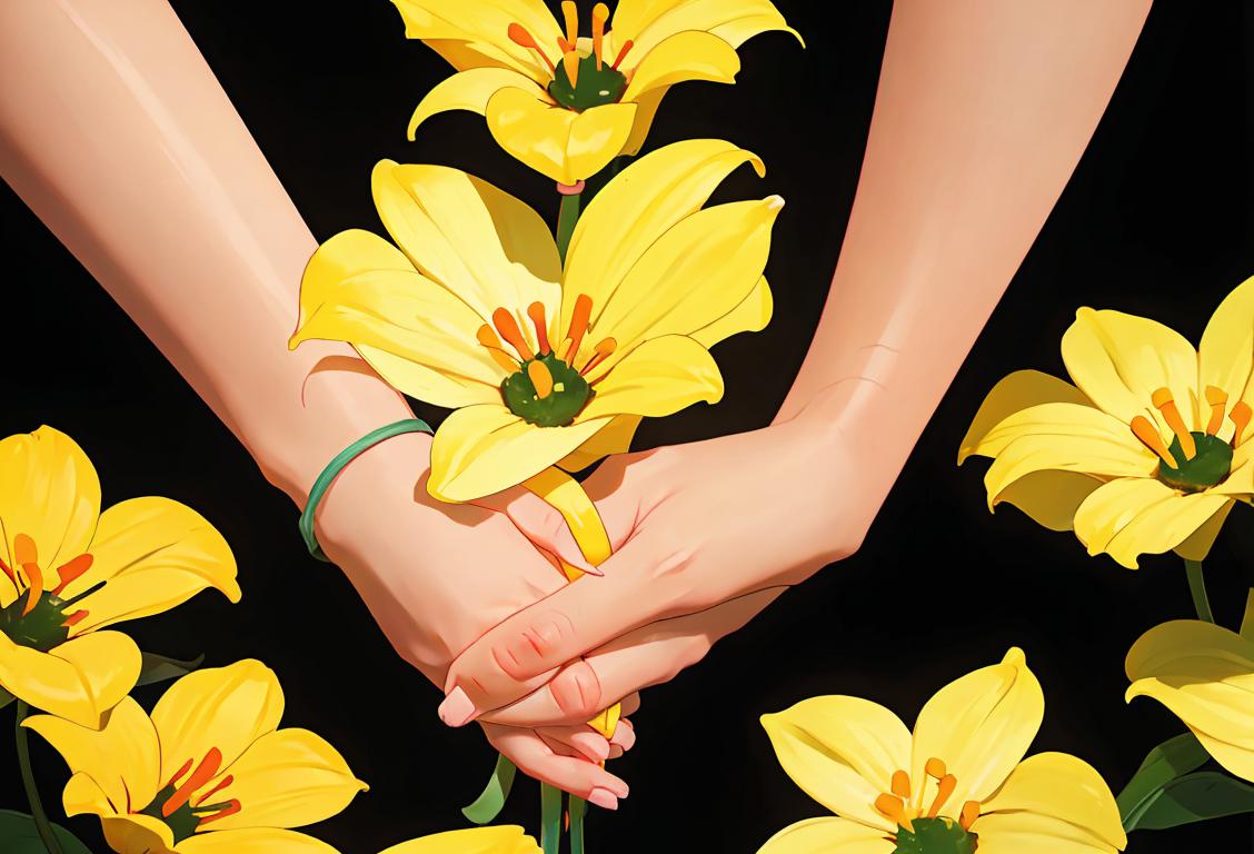 A diverse group of people, wearing yellow ribbons, holding hands and standing together against a backdrop of colorful flowers..