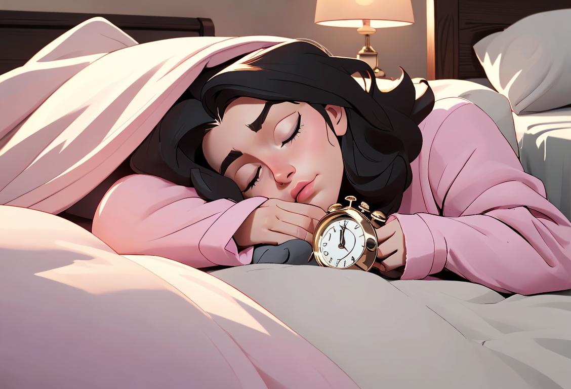 A person nestled under cozy blankets, in comfortable pajamas, surrounded by fluffy pillows and a bedside table with a ringing alarm clock..