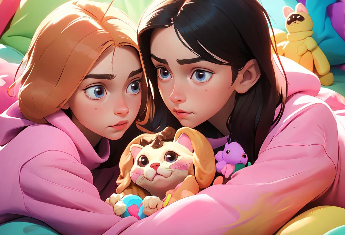 Two young siblings cuddling their pet, wearing comfy sweaters, surrounded by colorful toys and treats..