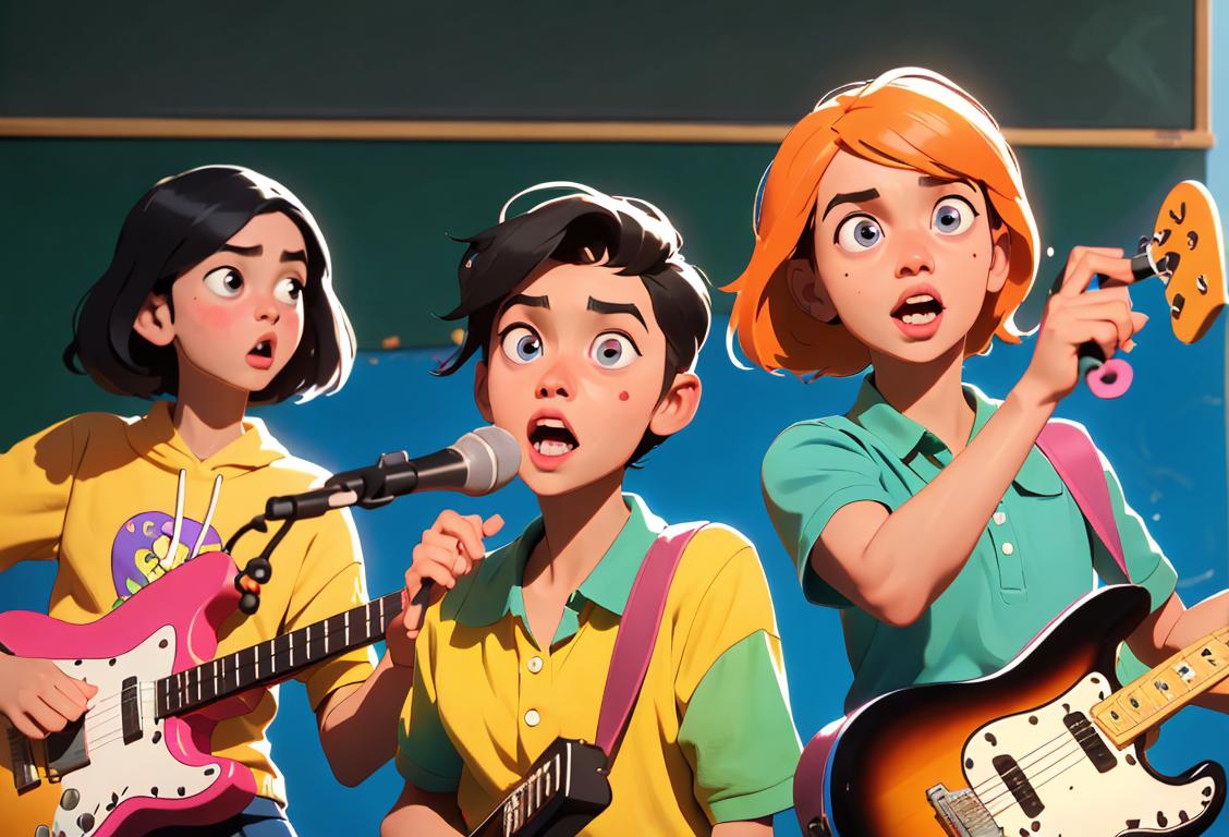 A diverse group of students rocking out in a classroom filled with bright colors and musical instruments, showcasing their unique style and contagious enthusiasm..