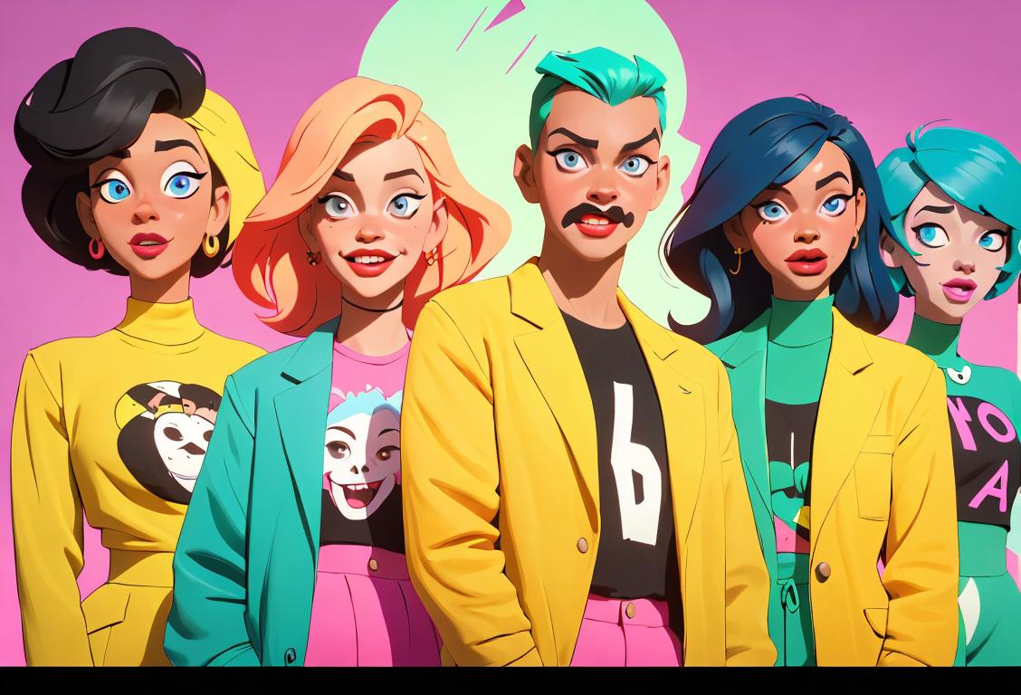 Cheerful group of diverse individuals holding personalized title cards, dressed in various trendy outfits, against a colorful urban backdrop..