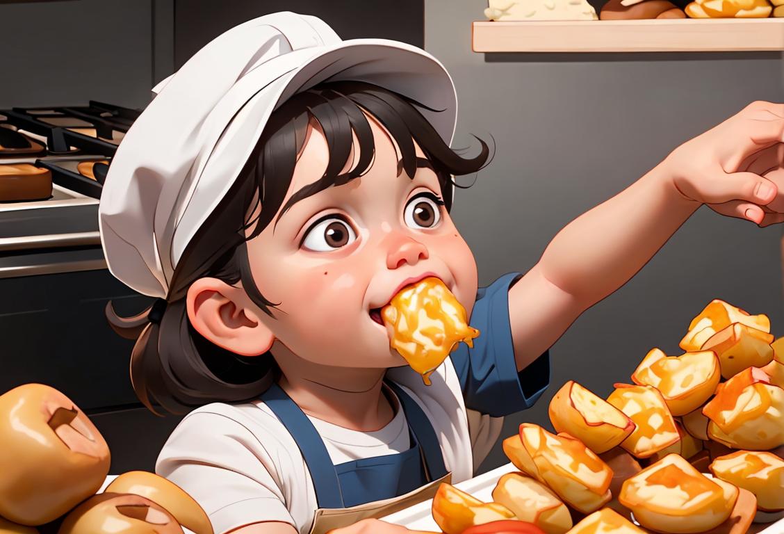 A joyful child munching on crispy tater tots, wearing a chef's hat and apron, surrounded by a kitchen filled with delicious tots..