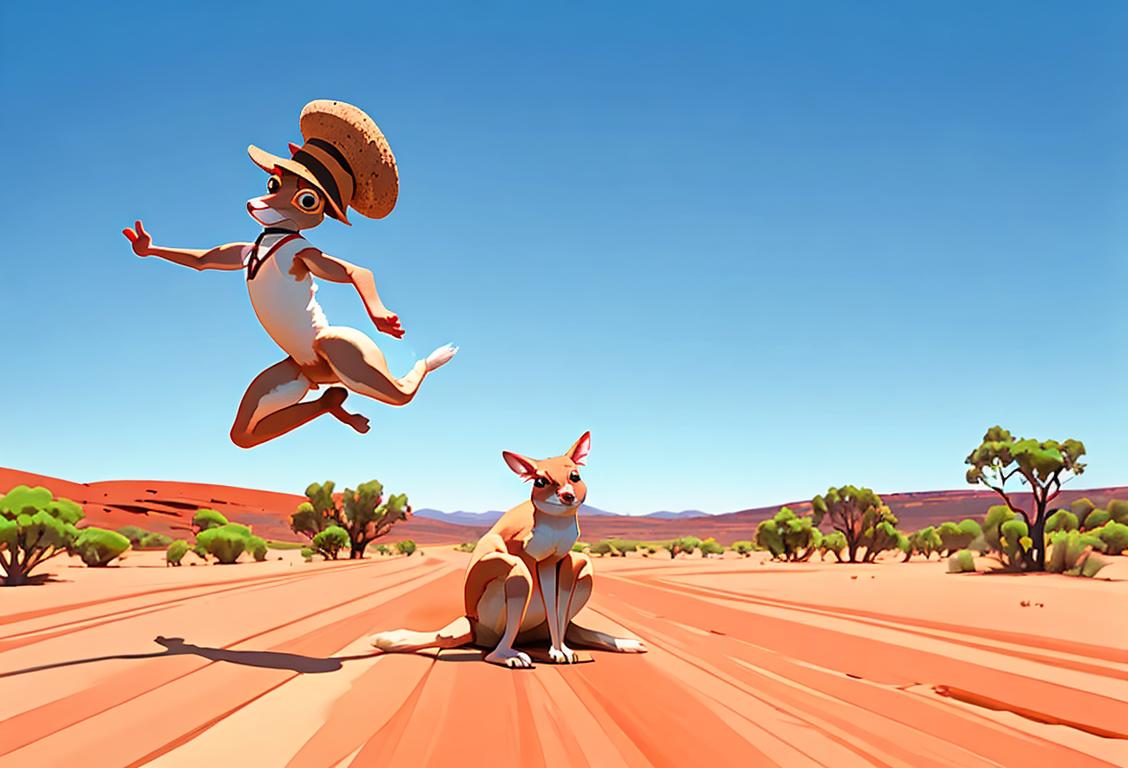 Welcoming image of the Australian outback with a red kangaroo hopping freely, wearing a cork hat, enjoying a clear blue sky and zero community transmission..
