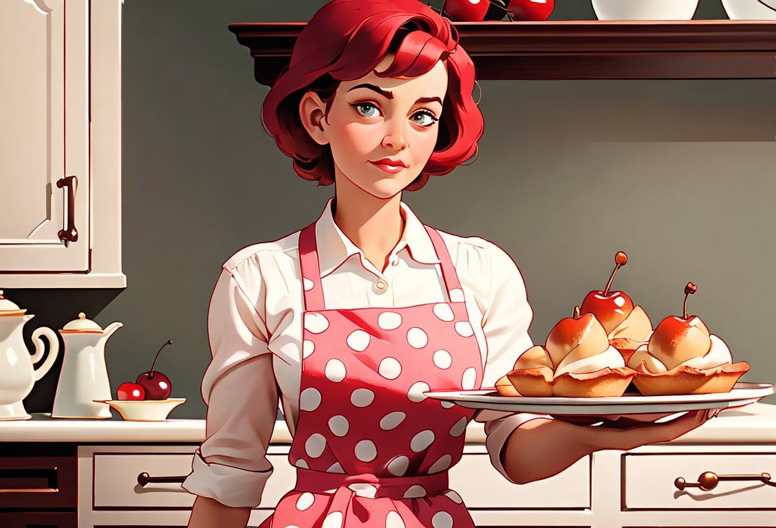 Baker holding a tray of freshly baked cherry popovers, wearing a polka dot apron, vintage kitchen setting..