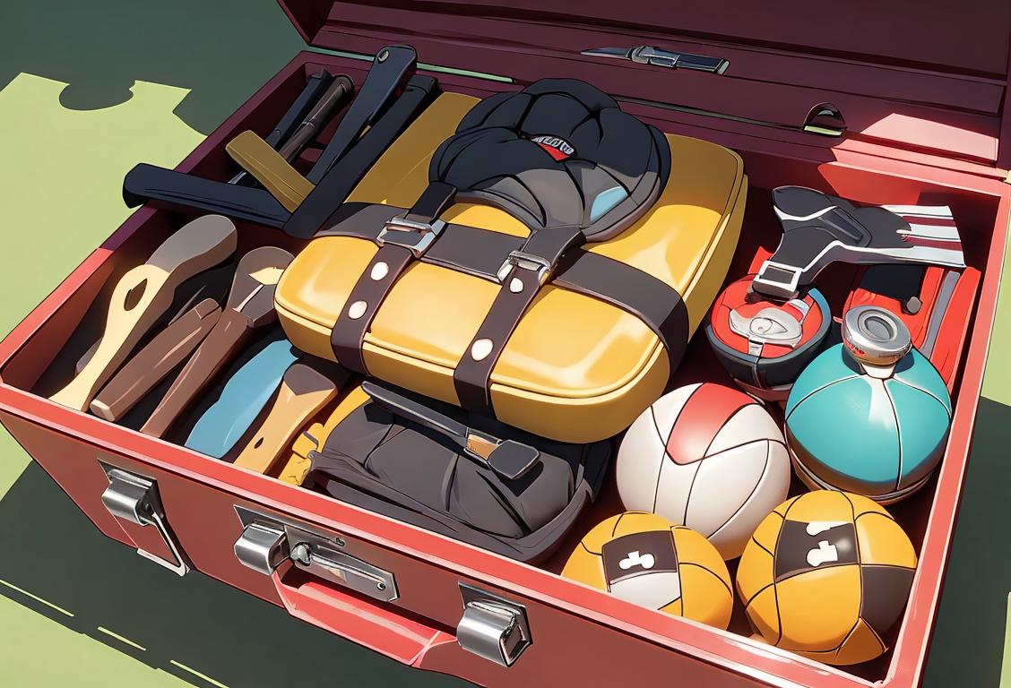 An equipment manager joyfully inspecting a shining toolbox, wearing a utility belt, surrounded by sports equipment and tools..