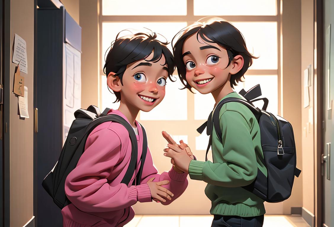 Cheerful kids with backpacks, smiling and handing out blessings to others in a school hallway..