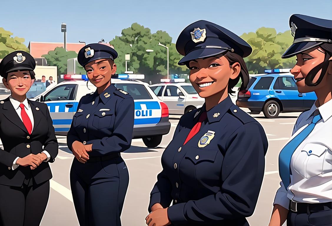 Group of diverse people in police uniforms, smiling and interacting with the public, against a backdrop of police cars and community members..