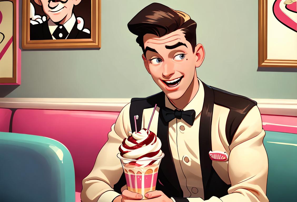 Young man joyfully shaking a milkshake, wearing a retro milkshake parlor uniform, vibrant 1950s-style diner setting..