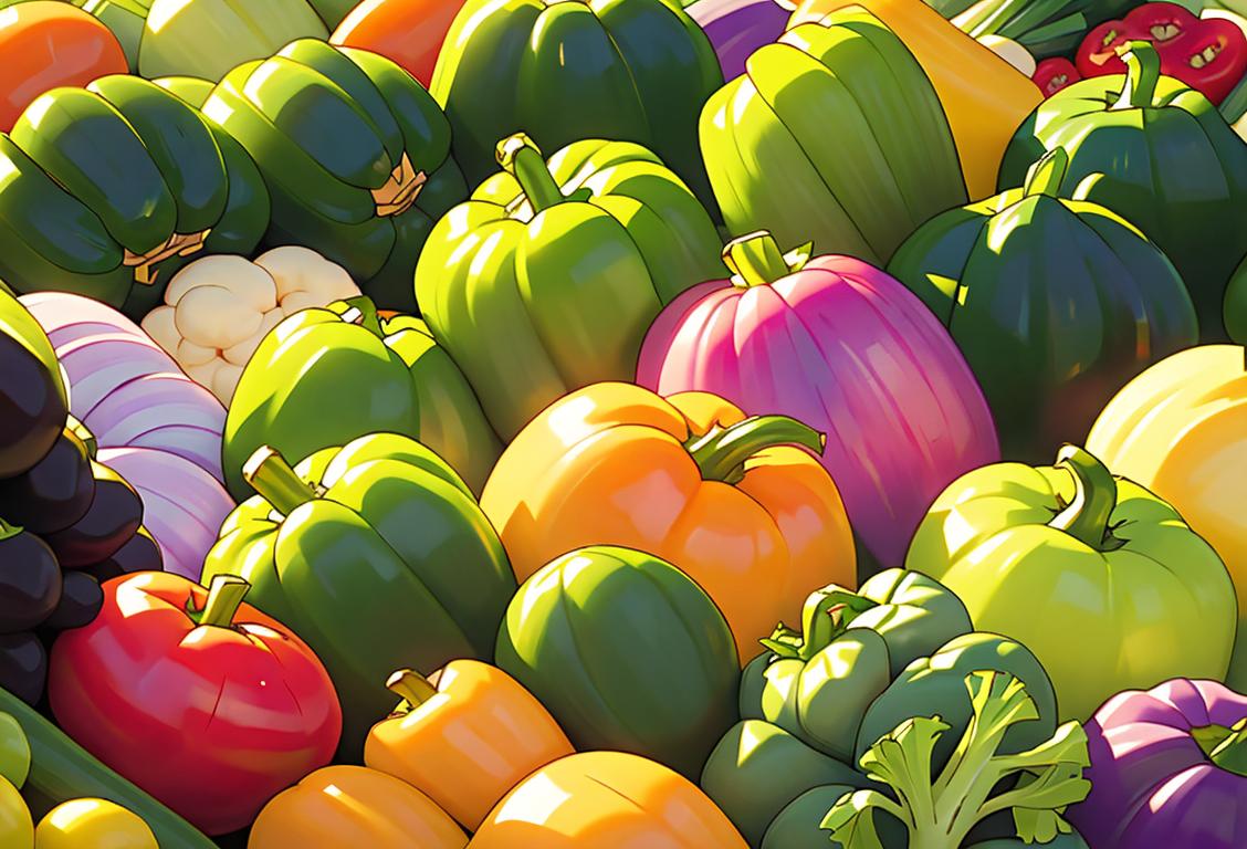 Colorful array of fresh veggies, arranged in a beautiful farmers market setting, with smiling shoppers and trendy fashion..