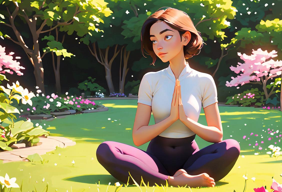 Young woman sitting in a peaceful garden, taking a deep breath, surrounded by blooming flowers and wearing comfortable yoga attire..