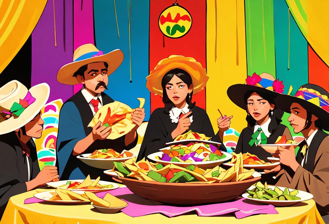 A group of friends enjoying a bowl of tortilla chips, vibrant Mexican fiesta decorations, sombreros, and colorful ponchos, surrounded by mariachi music.