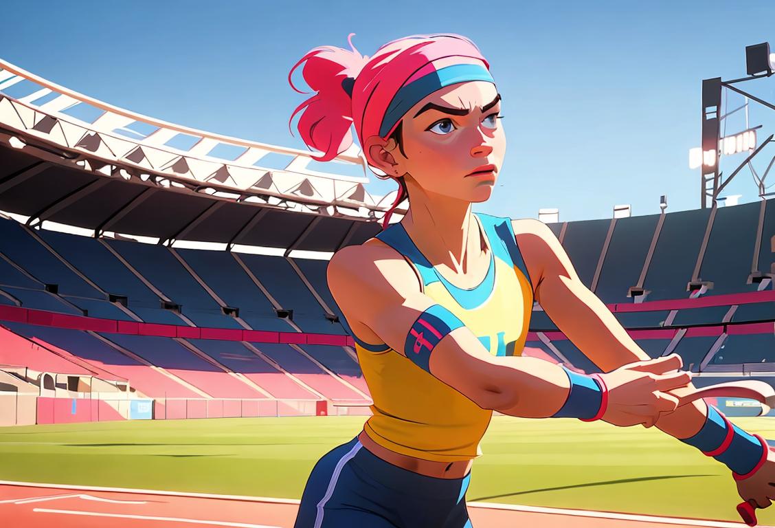 Professional athlete in action, wearing a sweatband and athletic gear, against a vibrant stadium backdrop..