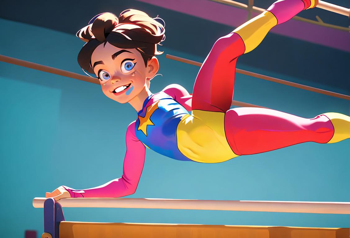 Young gymnast with a beaming smile, wearing a colorful leotard, performing on a balance beam in a vibrant gymnasium..