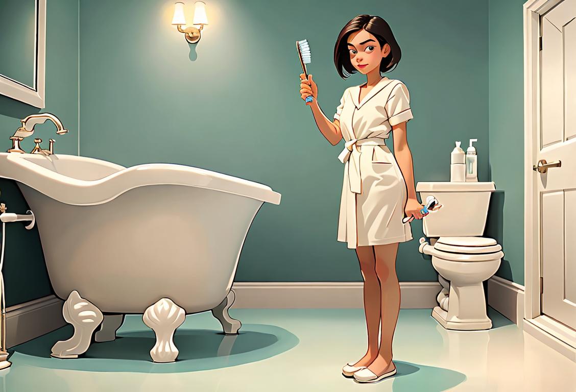 Young girl standing in a pristine bathroom, holding a sparkling toothbrush and surrounded by cleaning products, ready to embrace good hygiene habits on National Hygiene Day..