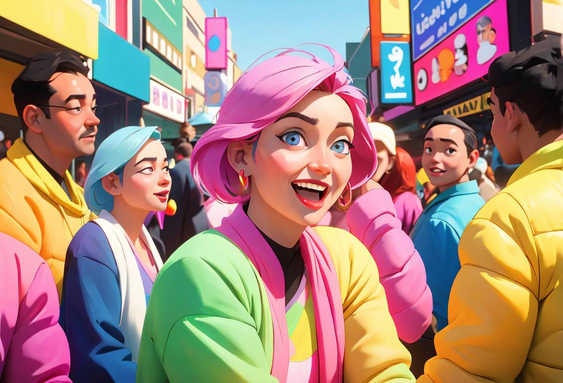 A joyful person wearing colorful clothes, surrounded by a diverse group of friends, in a bustling city setting..