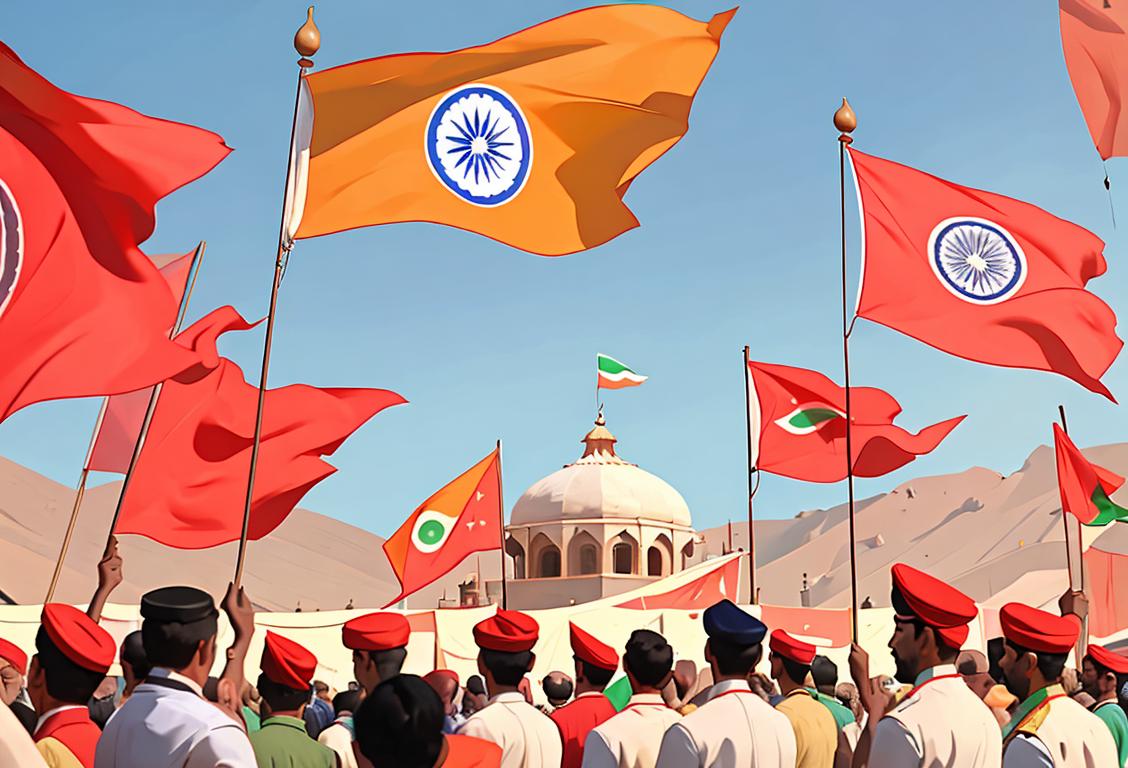 Happy group of people waving Indian flags, wearing traditional attire, amidst a festive and patriotic atmosphere at Shaheen Bagh to celebrate National Flag at Republic Day..