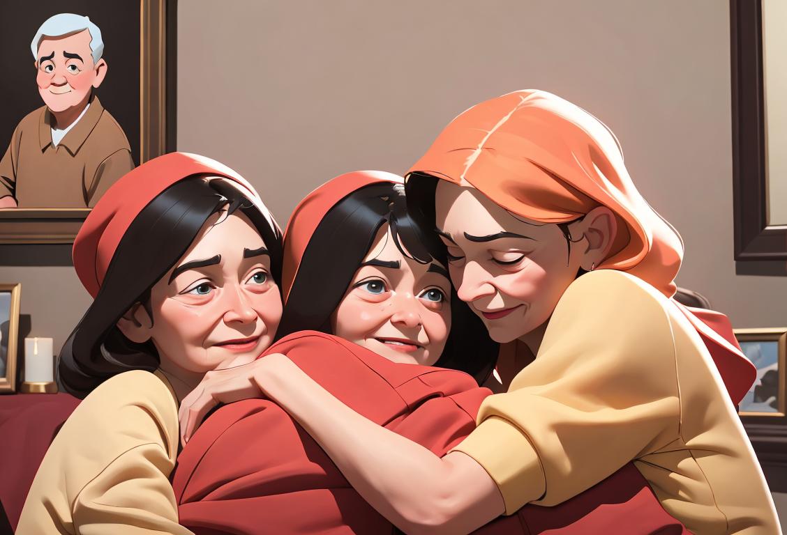 Warm and loving family gathering, children hugging their aunts and uncles, in a cozy living room decorated with family photographs..