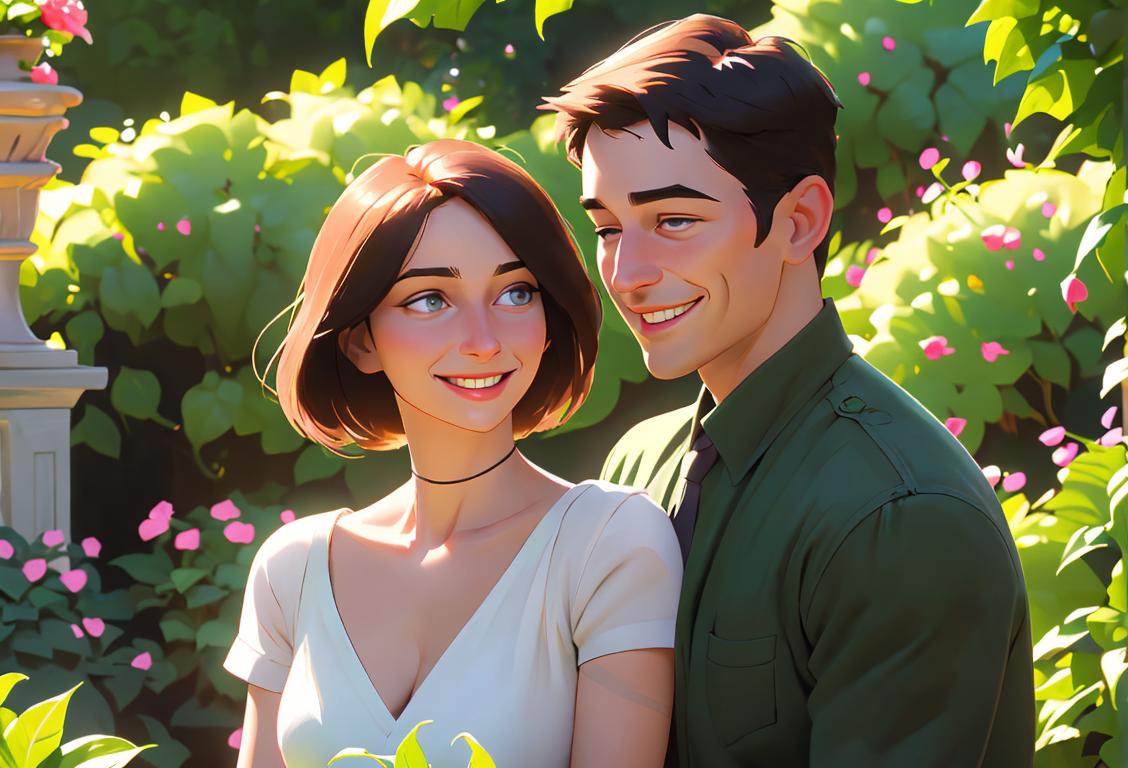 Succint image prompt of a smiling husband and wife, dressed in casual attire, embracing in a beautiful garden setting..