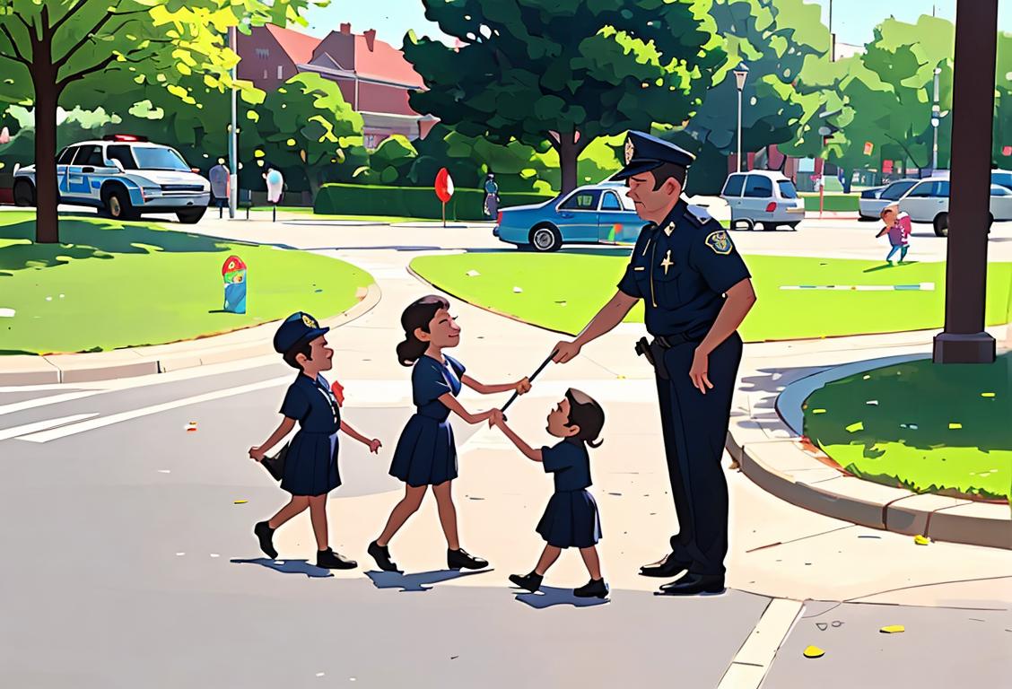 Friendly police officer assisting citizens in a clean and organized community park. Happy children playing on a playground in the background..