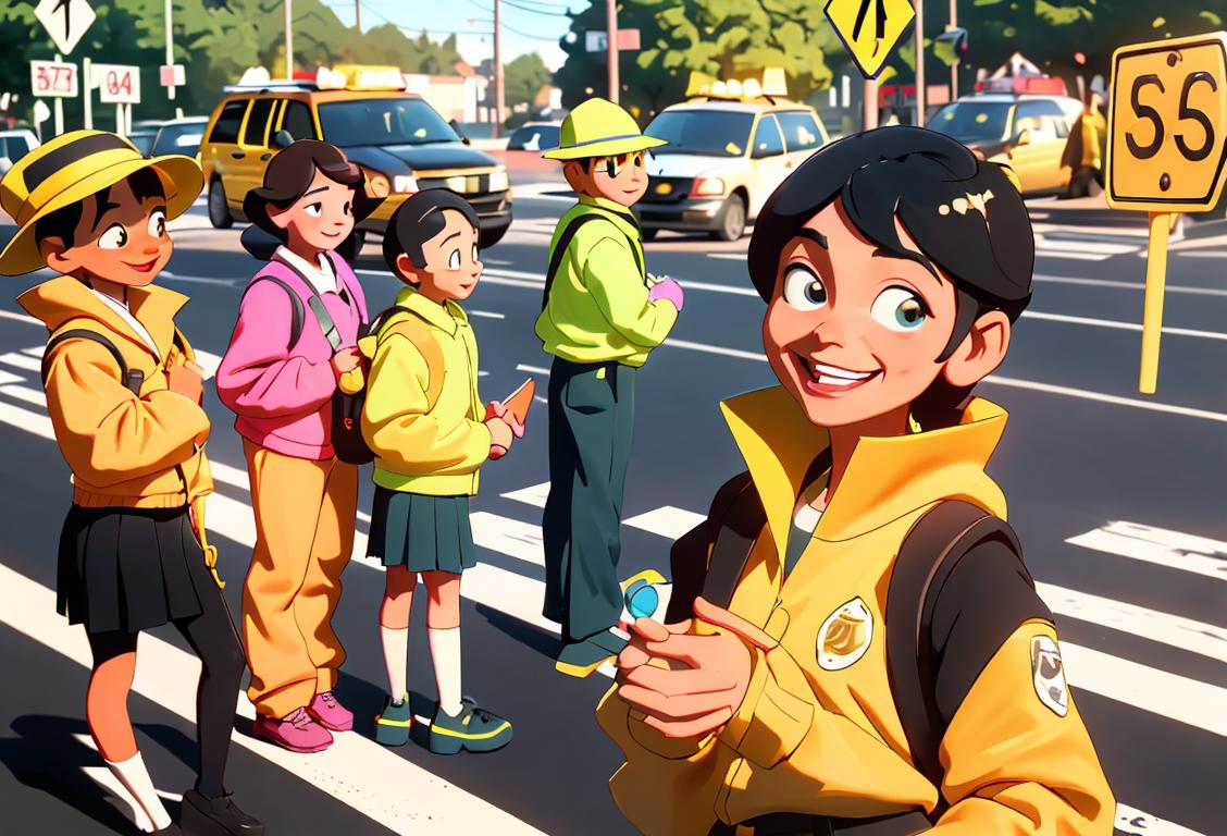 A cheerful school crossing guard standing at a busy intersection, wearing a high visibility jacket and holding a stop sign. They have a warm smile on their face while helping a group of school children cross the road safely. The scene is set on a sunny morning with colorful backpacks and lunch boxes scattered around..
