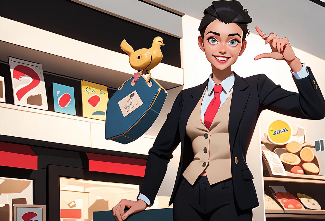 Energetic salesperson with a friendly smile, wearing a stylish blazer, helping customers in a bustling retail store..