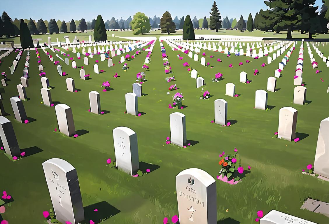 Group of people walking among rows of headstones, honoring fallen heroes. A mix of ages and styles, representing unity and respect..