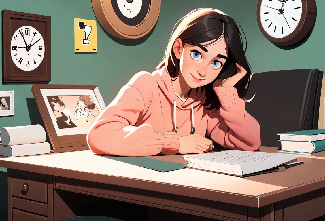 Cheerful young person studying at a clean desk, wearing comfy clothes, surrounded by motivational posters and a clock..