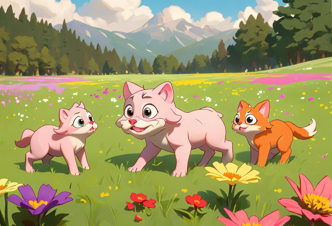 A group of cute animals with wet noses playfully frolicking in a vibrant meadow, surrounded by colorful flowers..