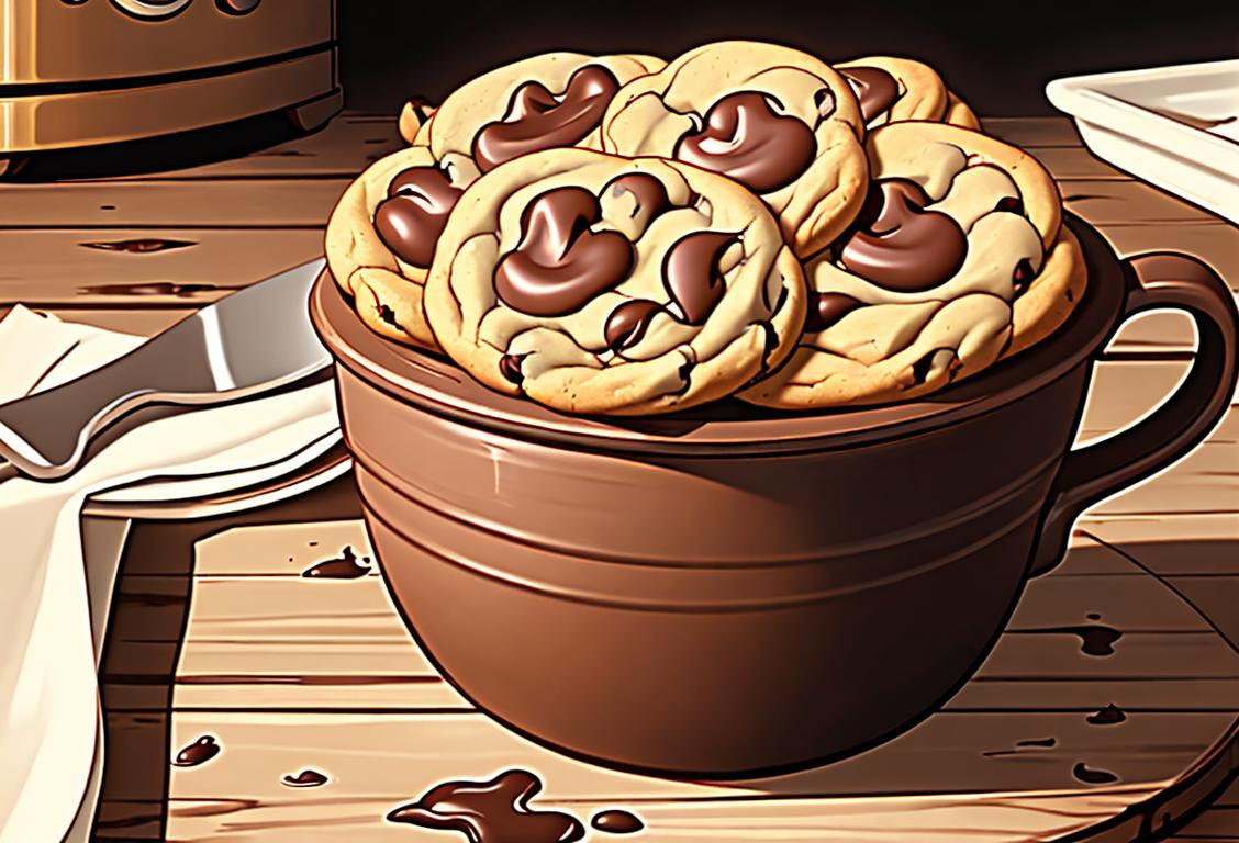 Close-up of a freshly baked chocolate chip cookie on a rustic wooden table, with a vintage apron and oven mitts in the background..