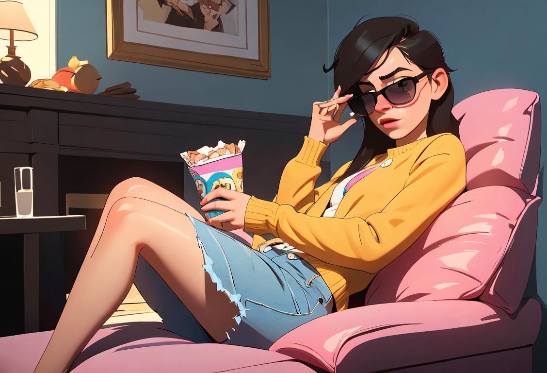 A young person, wearing sunglasses, holding an icepack on their head, sitting in a cozy living room with a pile of greasy snacks nearby..