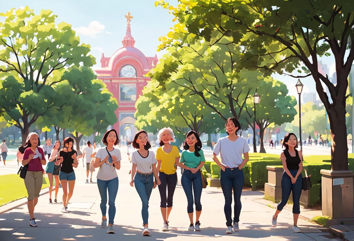 Group of diverse people taking a deep breath outdoors, wearing casual clothes, urban park setting, with smiles on their faces..