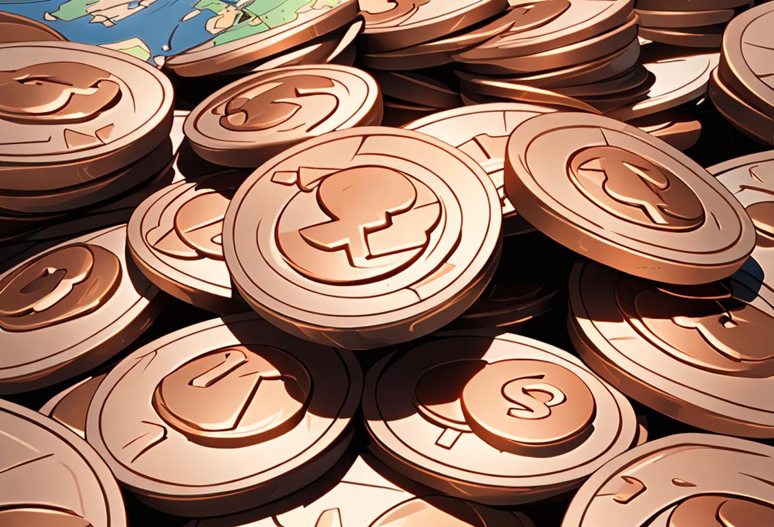 Close-up of a hand holding a penny, surrounded by a pile of scattered coins, with a backdrop of a map and travel-related items..