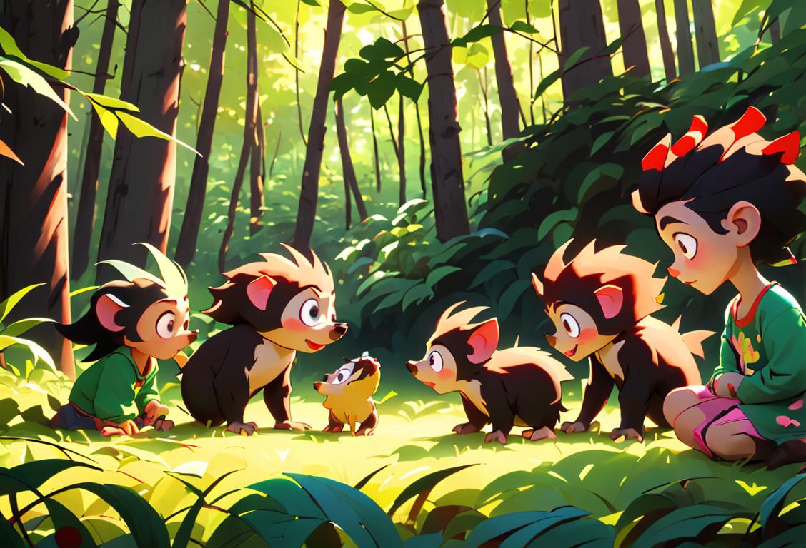 A group of children wearing colorful clothes, admiring a cute porcupine in a forest clearing..