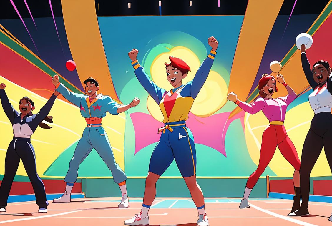 A group of diverse individuals competing in various sports and games, showcasing their competitive spirit and celebrating the joy of victory. Participants dressed in energetic attire, surrounded by a vibrant sports arena..