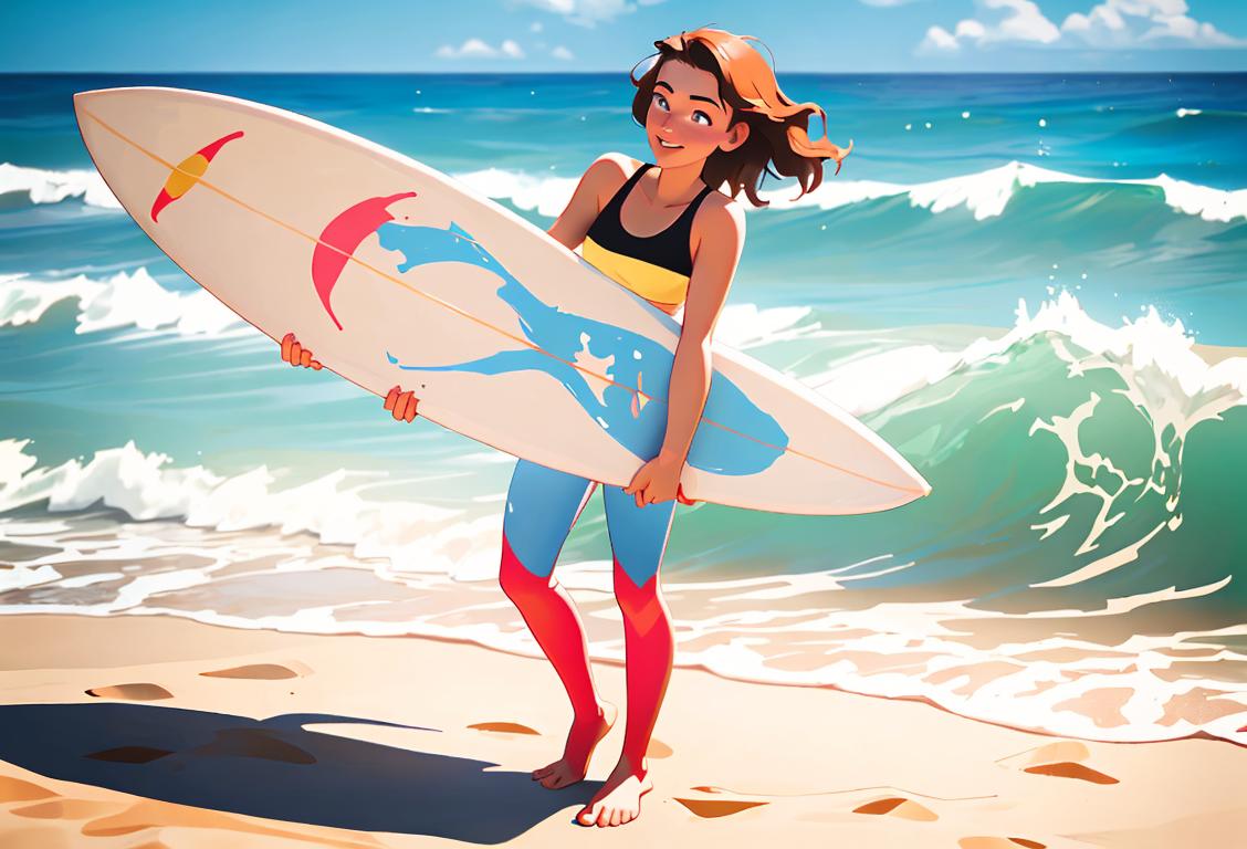 Young woman with beachy waves, holding a surfboard, wearing a retro bikini, enjoying a sunny beach setting..