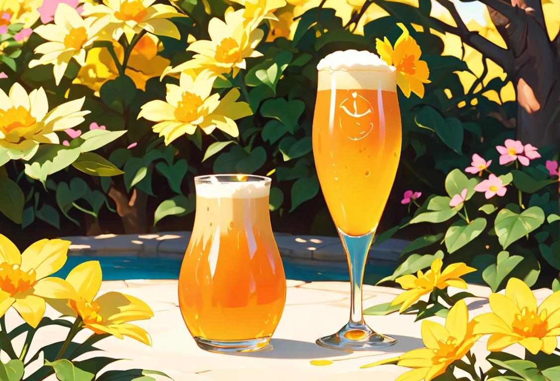 A cheerful person holding a glass of Oberon beer, surrounded by vibrant spring flowers and a sunny outdoor setting..