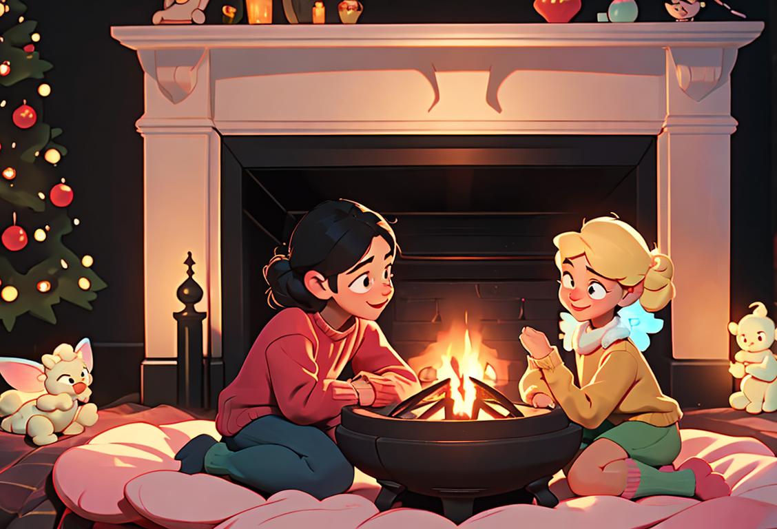 Cheerful family gathered around a cozy fireplace, wearing fuzzy socks and sweaters, surrounded by uplifting decor and fairy lights..