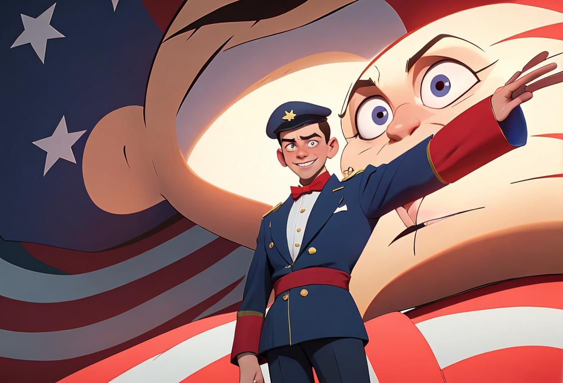 A young man wearing a patriotic-themed outfit, standing in front of a backdrop depicting various national incidents, with a mischievous smile on his face..