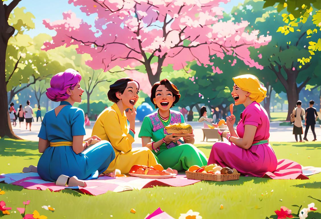 A group of diverse individuals dressed in colorful outfits, laughing and sharing a picnic in a beautiful park, creating a lively and heartwarming atmosphere for National Shit Show Day..